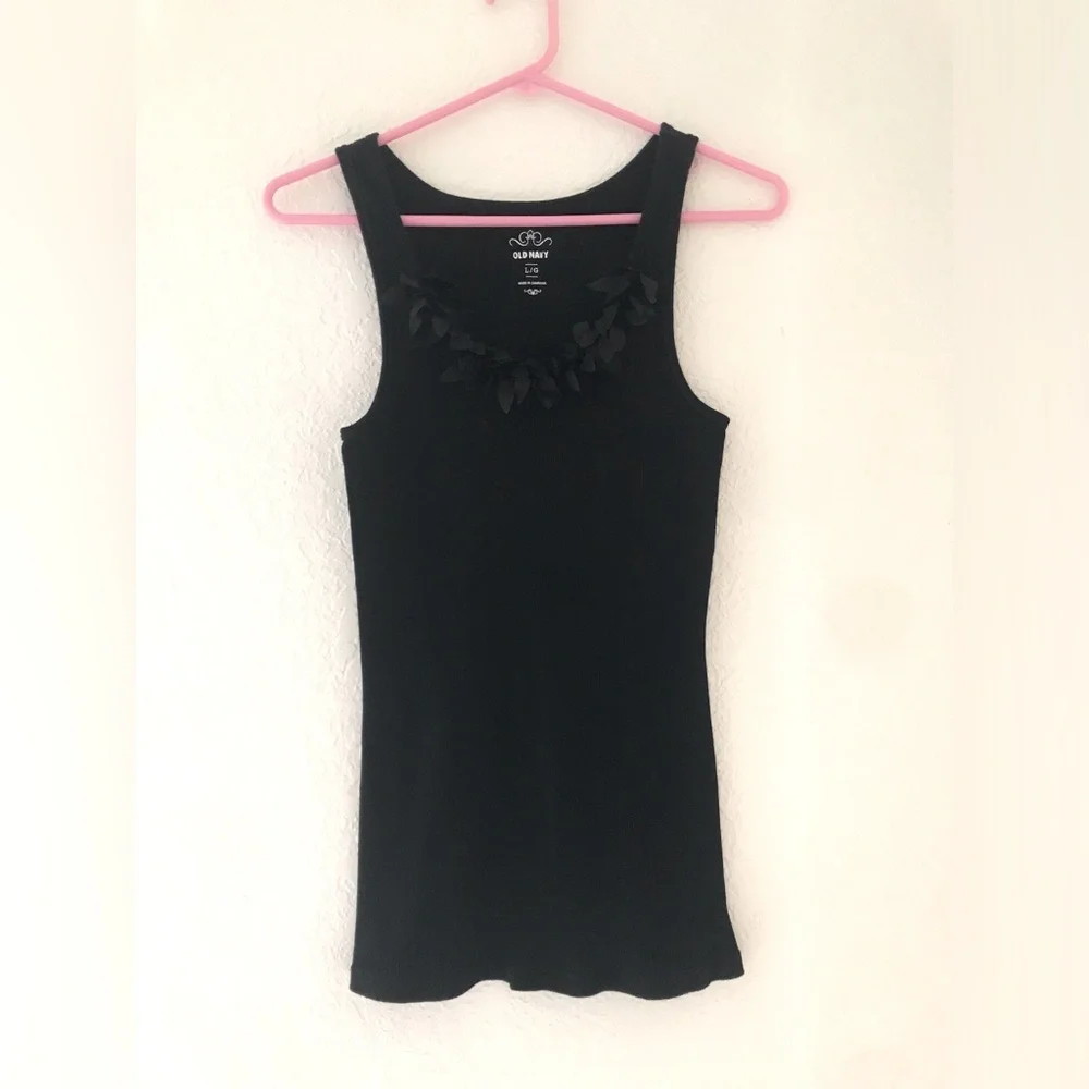 Old Navy Black Ribbed “Silky Leaves” Collar Tank Top Size Small Vintage Sz L EUC
